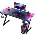Escritorio gaming resistente en forma de Y con luces LED RGB duales, mesa de ordenador con portavasos y gancho para auriculares, superficie ergonómica de fibra de carbono, mesa para gamers para oficina en casa, dormitorio, negro