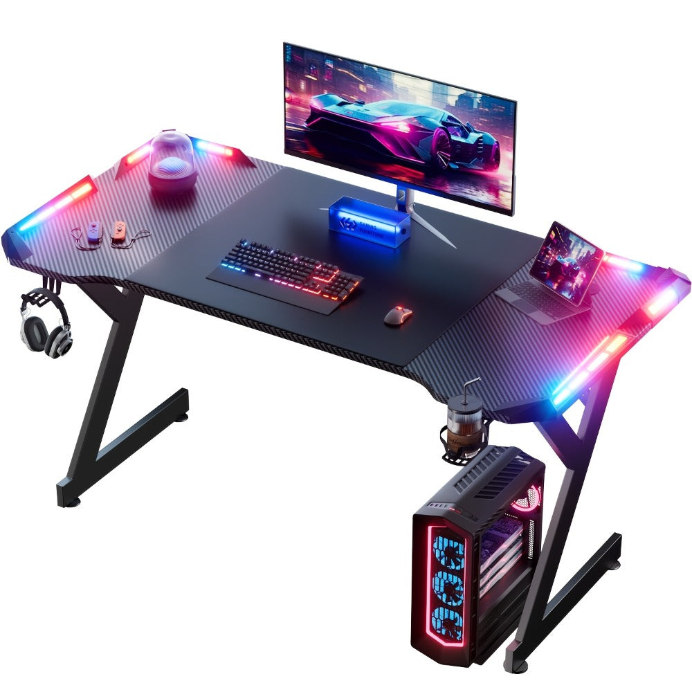 Escritorio gaming resistente en forma de Y con luces LED RGB duales, mesa de ordenador con portavasos y gancho para auriculares, superficie ergonómica de fibra de carbono, mesa para gamers para oficina en casa, dormitorio, negro