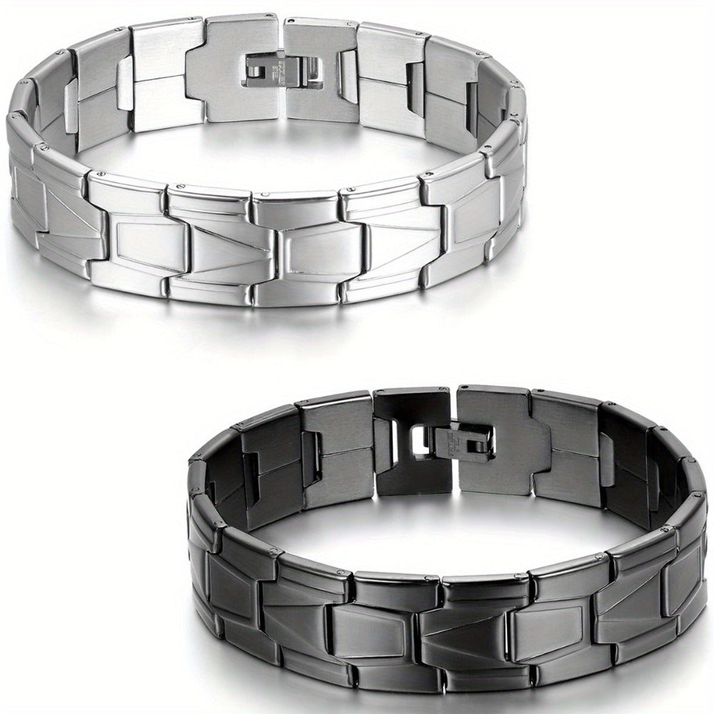 Jewelrywe Joyería Brazalete para Hombre Negro Plateado 304 Brazalete de Enlace de Acero Inoxidable 304 con Bolsa de Regalo