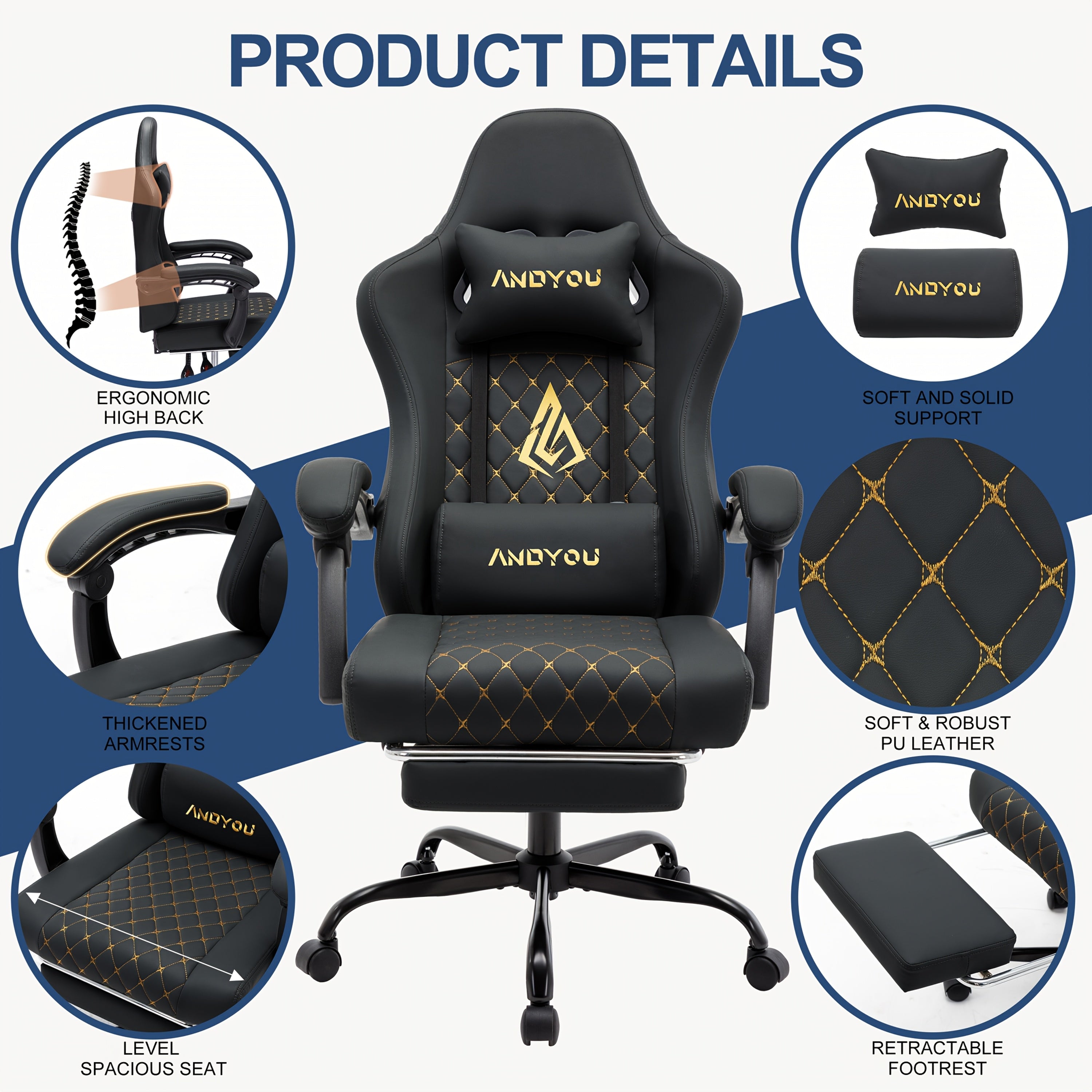 Silla de oficina | Silla de gaming Andyou con reposapiés, silla ergonómica de ordenador para juegos, silla de tarea giratoria y ajustable con