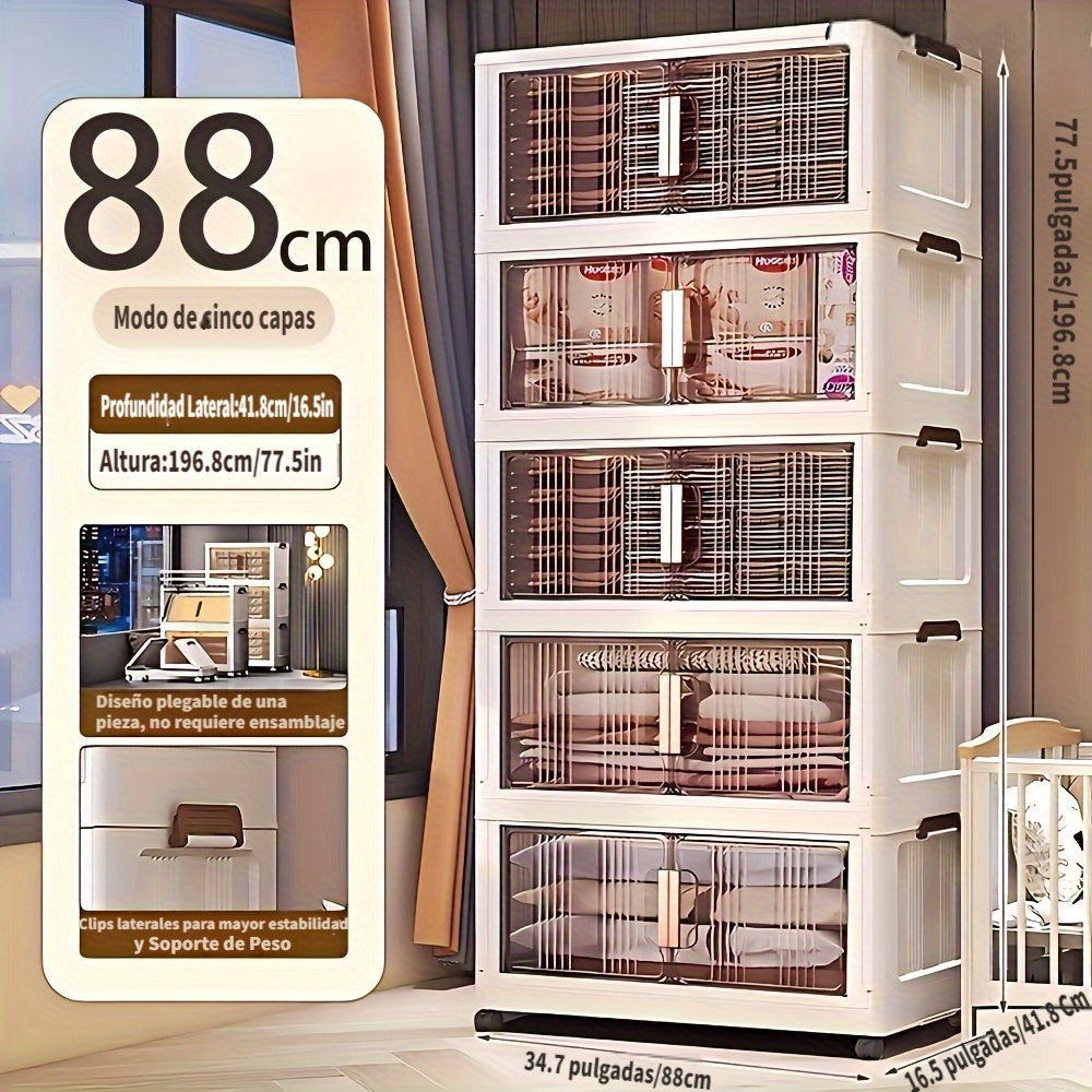 88Cm Arcenes de Almacenamiento Plegables Extra Grandes de 1/3/4/5 Niveles con Tapas, Contenedores de Plástico Apilables con Ruedas, Organizador Plegable para Armario, Dormitorio, Oficina, Cocina y Más - Casilleros de Almacenamiento Plegables y Decoración