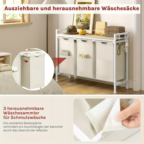 1pc Estante de baño, Cesta de almacenamiento, Cesta de lavandería 3 compartimentos, Colector de lavandería con marco de metal y estantes, Bolsa de lavandería de tela expandible y removible, Cubo de lavandería para clasificar la ropa Blanco, Cestas de lava