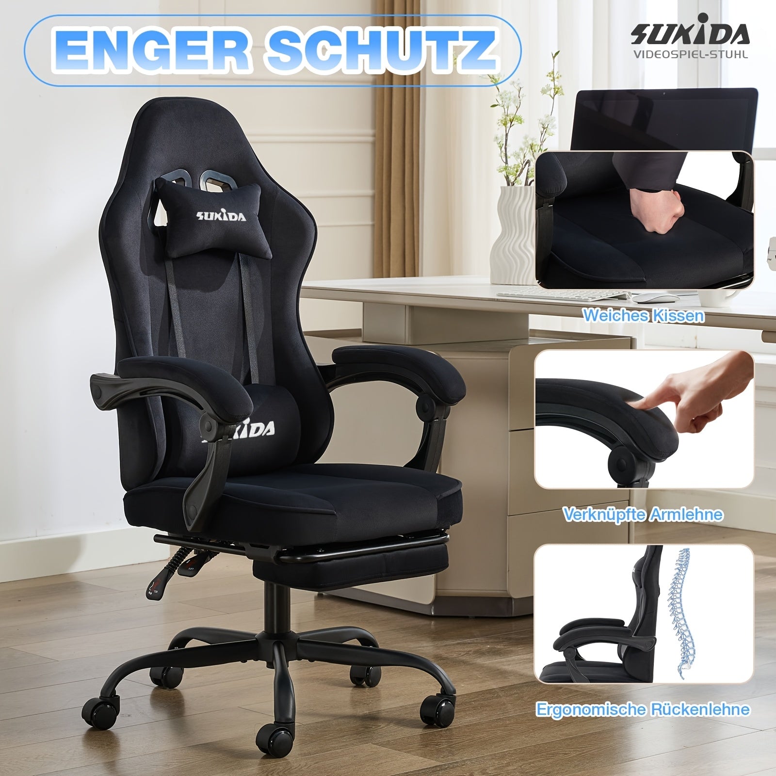 Silla de gaming SUKIDA de tela, silla de gaming ergonómica con reposapiés, silla de carreras para ordenador ajustable con soporte lumbar, silla ergonómica para PC negra