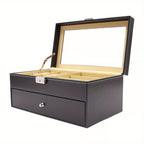 Caja de reloj de cuero sintético negro, estuche para joyas, almacenamiento de gafas y caja organizadora con cajón de exhibición de gafas de sol con cerradura (caja de gafas de 9 rejillas y caja de reloj de 6 rejillas)