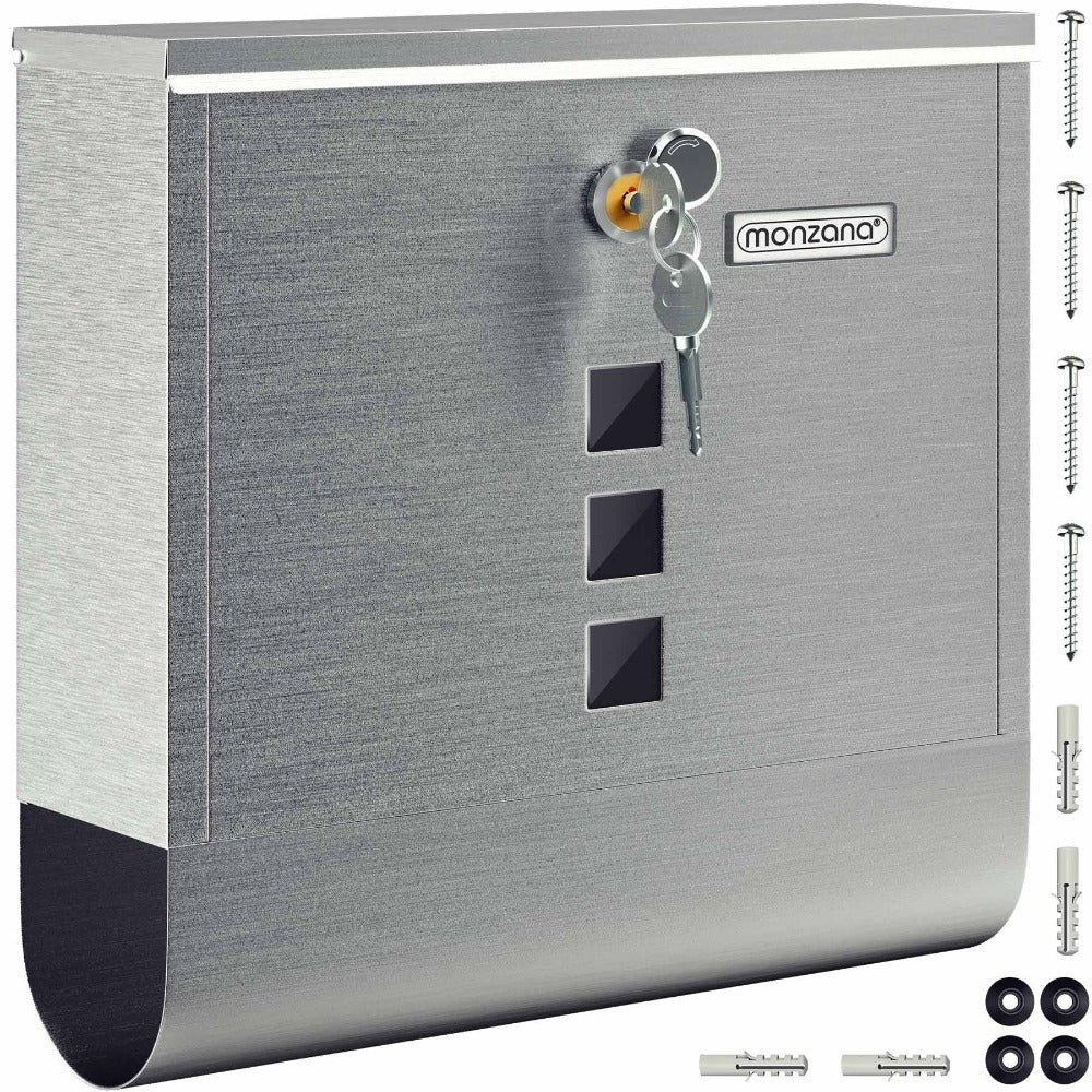 Buzón MONZANA® con Cerradura Cruzada, Cilindro de Cobre, Tapa Giratoria, 31x10x34 cm, Ventana de Visualización, Placa de Identificación, Compartimento para Periódicos, Fácil Instalación, Acero Aleado, 2 Llaves, Caja de Correo