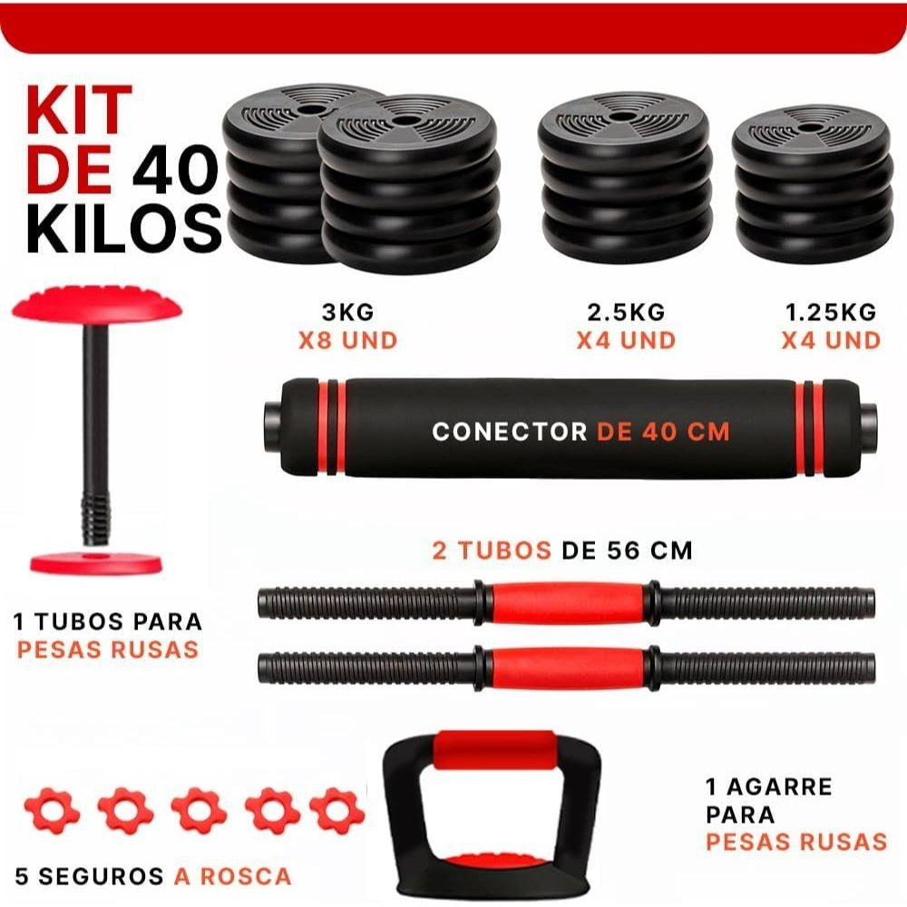Juego de Mancuernas Ajustables 2 en 1. 10kg a 50kg - Kit de Pesas con Barra Recta Ajustable y Antideslizante - Pesas y Mancuernas Discos Recubiertos