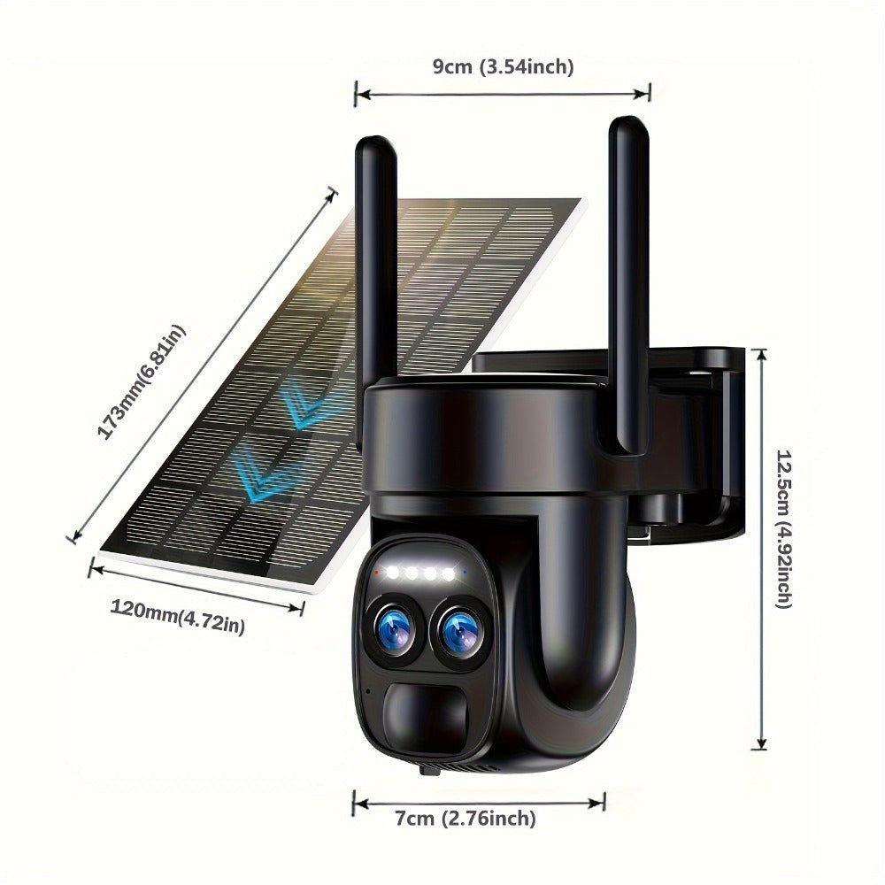 [10X Zoom] Cámara CCTV de bajo consumo con panel solar, batería, 360 grados, 2K FHD, Wifi, con alarme de foco, detección de movimiento, visión nocturna a color y audio bidireccional