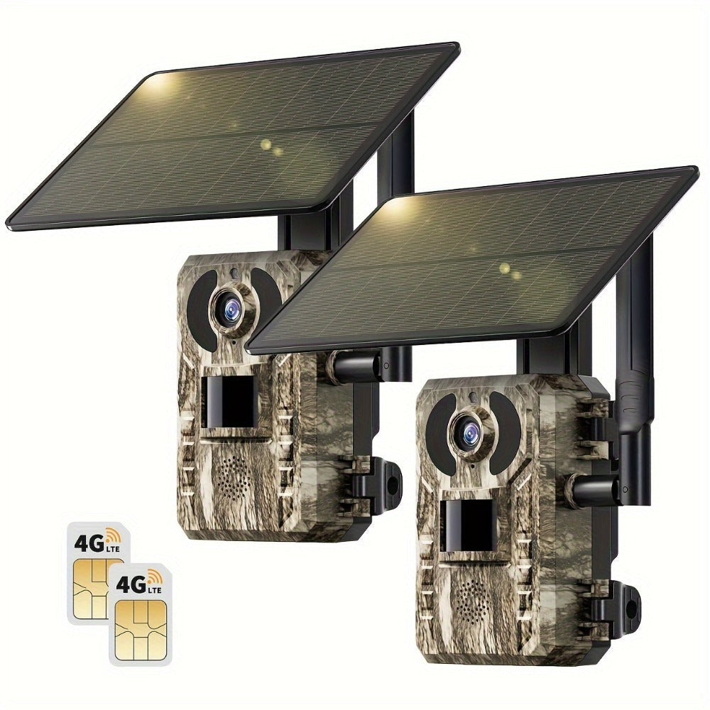 Paquete de 2 cámaras de rastro inteligentes celulares 4G LTE / Paquete de 1 cámara 4G, con transmisión en vivo 2K, tarjeta SIM incorporada, acceso remoto por aplicación, reproducción de grabación, activación por movimiento y tiempo de disparo de 0.2S, vis