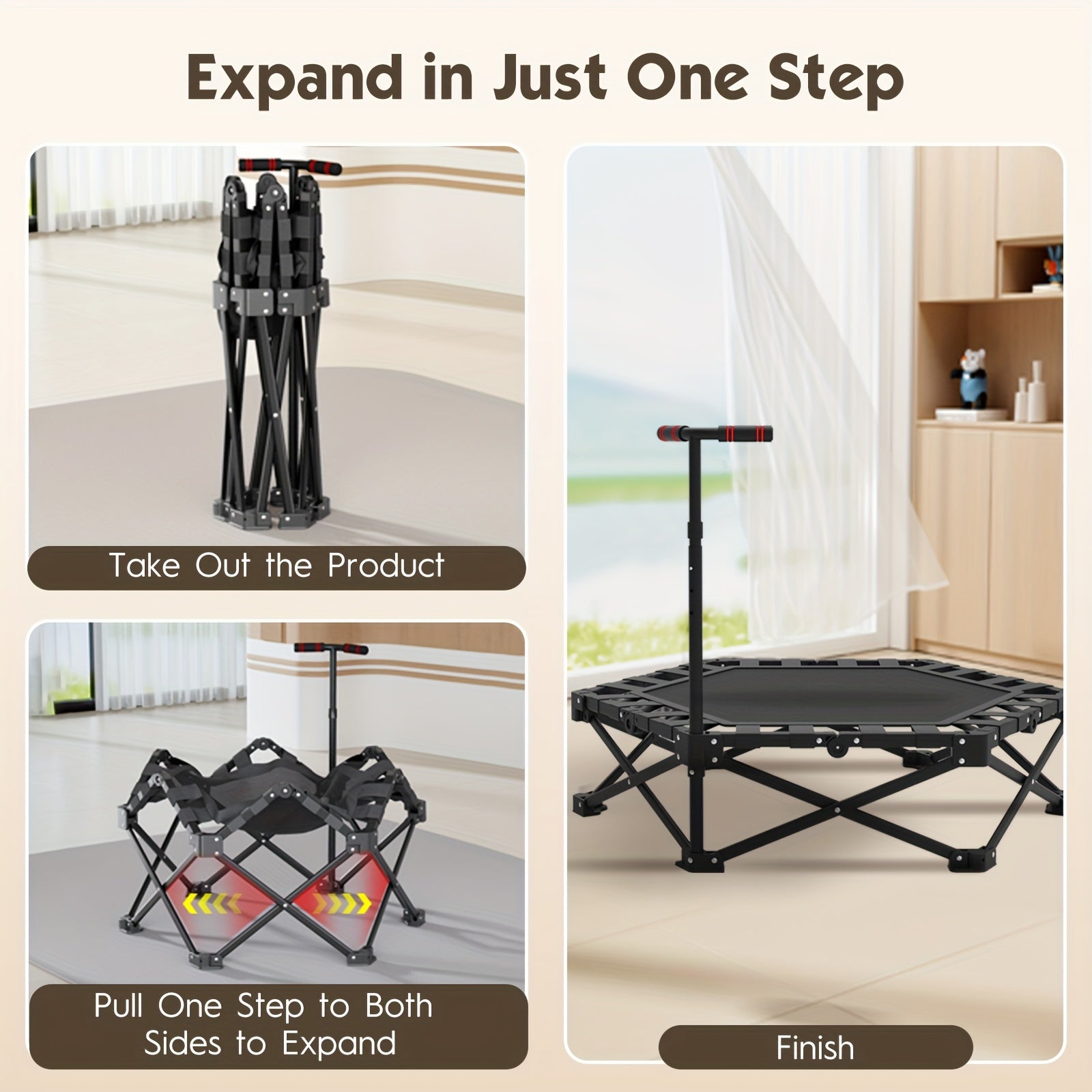 Trampolín Plegable Mini para Adultos con Resortes, Trampolín de Salto Pequeño con Manijas y Poste, Ideal para Interiores