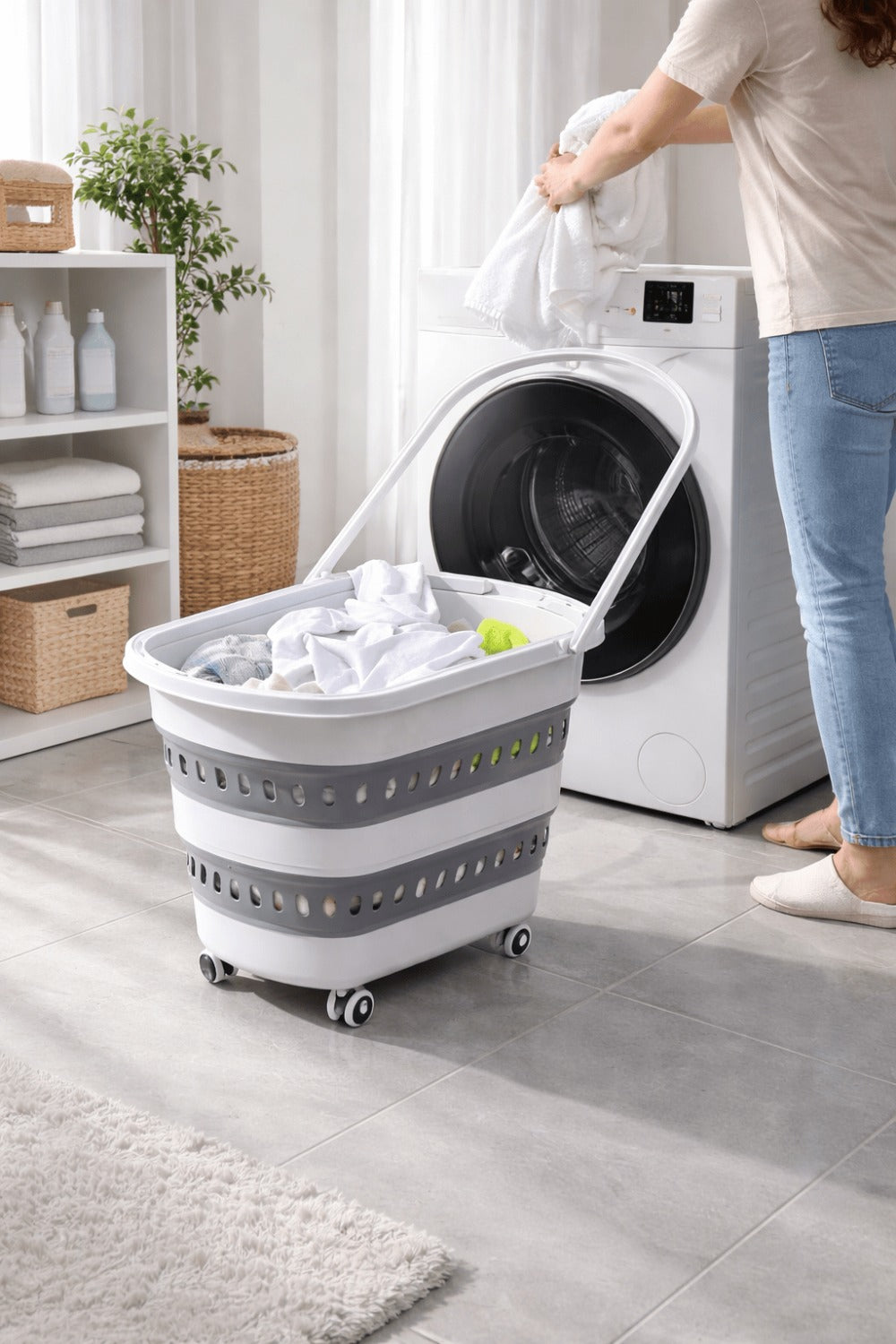 Cesta de Ropa Retráctil y Plegable con Ruedas - 45 Litros - Blanco Gris