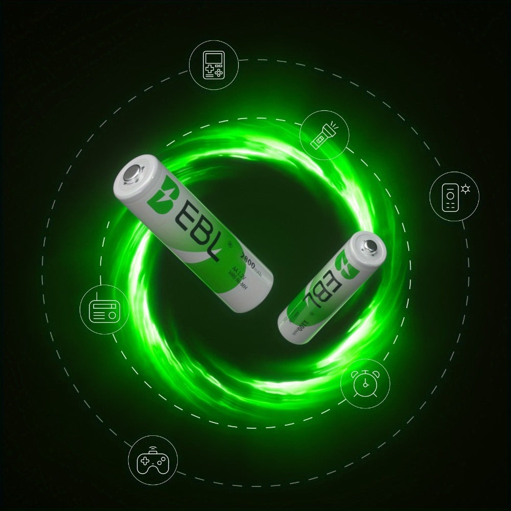 EBL ofrece un juego de 32 pilas Nimh recargables, que incluye 16 pilas AA con una capacidad de 2800 mAh y 16 pilas AAA con una capacidad de 1100 mAh