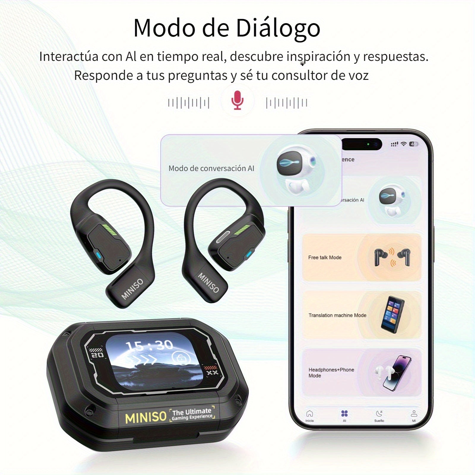 Auriculares Bluetooth | MINISO M98 Auriculares Inalámbricos con Traducción AI - Diseño Abierto, Soporta 135 Idiomas en Tiempo Real, Pantalla HD a