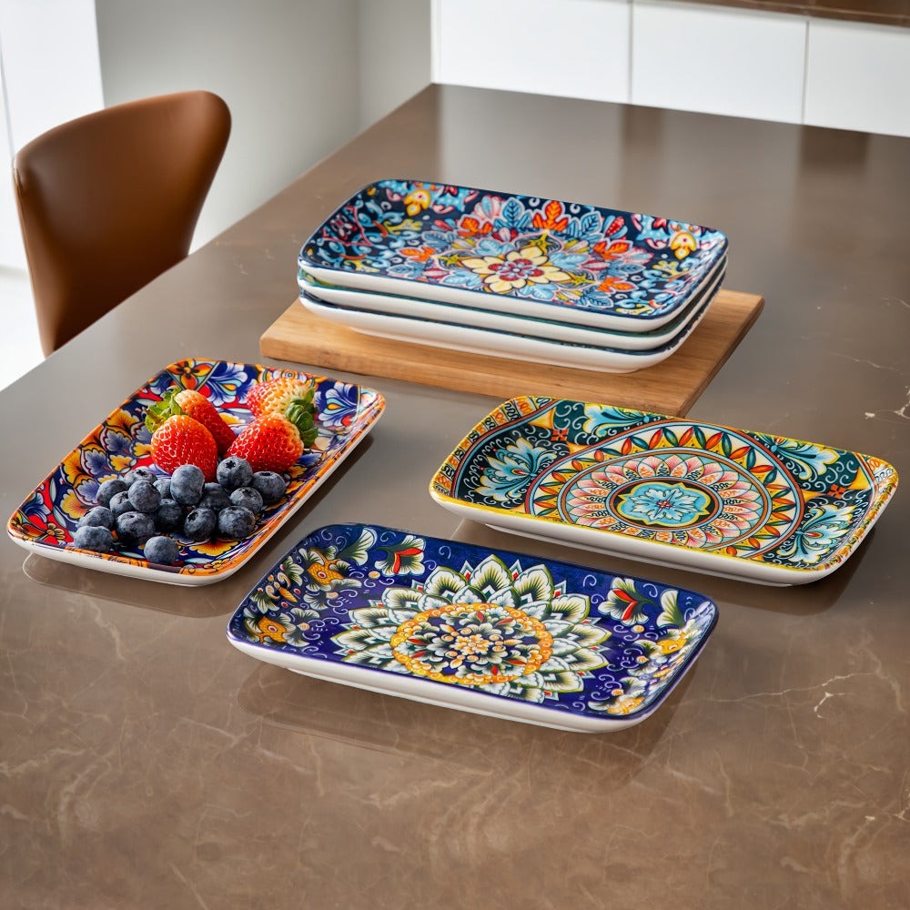 Platos de ensalada rectangulares de cerámica de 8,5 pulgadas (21,59 cm), platos de cena, platos de postre de pasta para aperitivo, sushi, frutas - Seguros para microondas/lavado a mano, juego de 6, regalos creativos para vacaciones