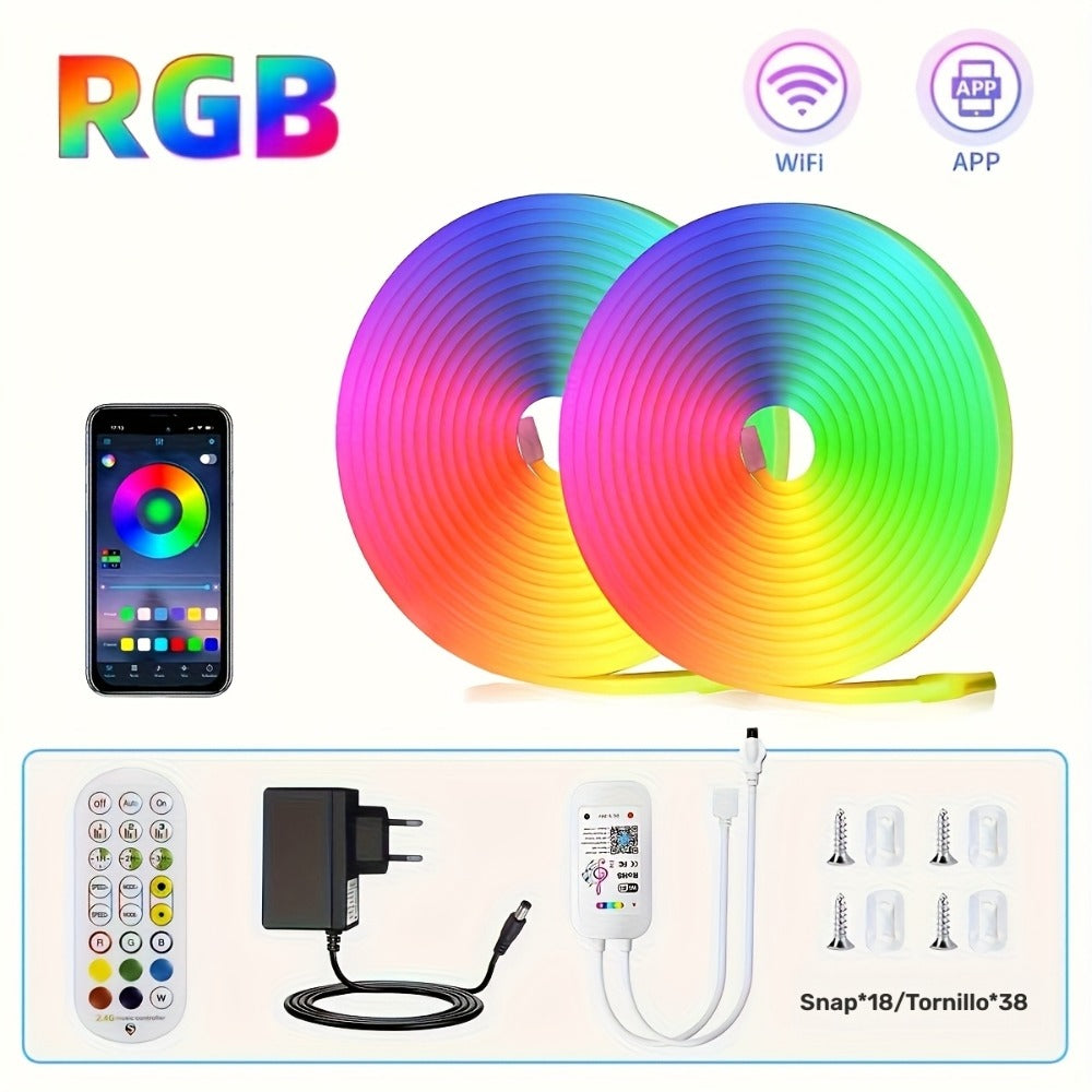 Tira de luz LED neón regulable de 5/10 metros, función, tira de luz neón RGB para juegos con sincronización de música controlada por aplicación, fuente de alimentación estándar europeo, adecuada para uso en interiores, cocina, sala de estar, techo de dorm