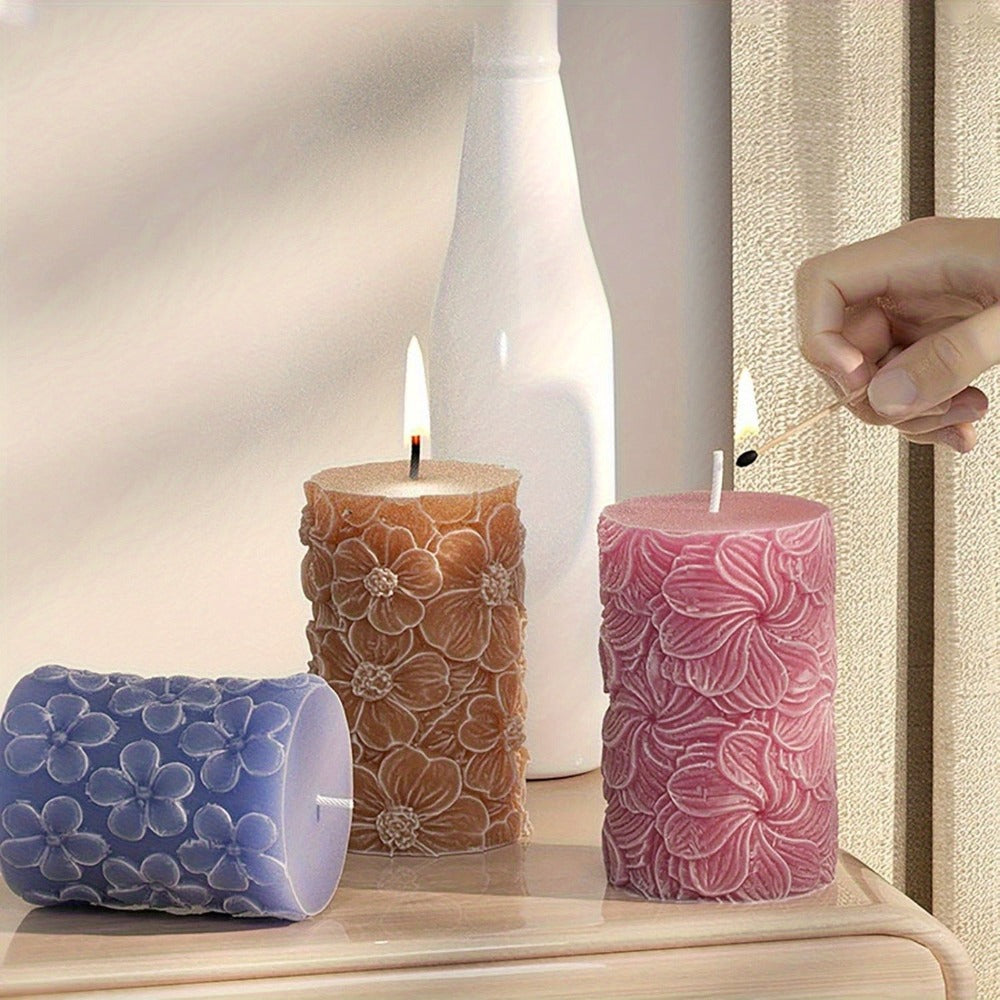 6 Piezas de Moldes de Silicona para Velas, Moldes de Resina en Forma de Cilindro y Pilar de Flores 3D para Hacer Velas, Moldes para Fundición de Resina y Manualidades DIY, Velas 3D, Aromaterapia, Decoración de Yeso y Adornos para el Hogar