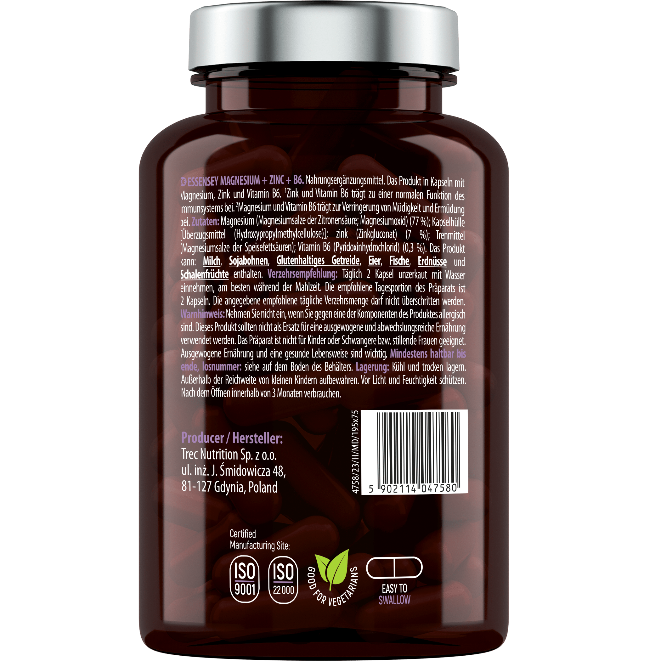 Essensey Magnesio Zinc B6 90 Cápsulas | Cápsulas Vegetales con Minerales y Vitaminas