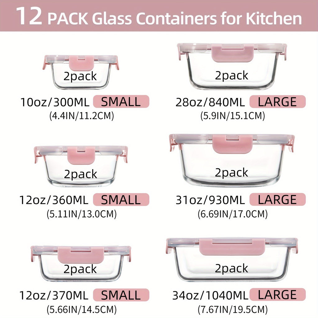 12 Paquete de Contenedores de Vidrio para Alimentos con Tapas Herméticas de Cierre a Presión - Contenedores Rectangulares para Preparación de Comidas, Aptos para Microondas y Lavavajillas, Diseño Apilable y Ahorrador de Espacio para Almacenamiento de Alim
