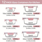12 Paquete de Contenedores de Vidrio para Alimentos con Tapas Herméticas de Cierre a Presión - Contenedores Rectangulares para Preparación de Comidas, Aptos para Microondas y Lavavajillas, Diseño Apilable y Ahorrador de Espacio para Almacenamiento de Alim