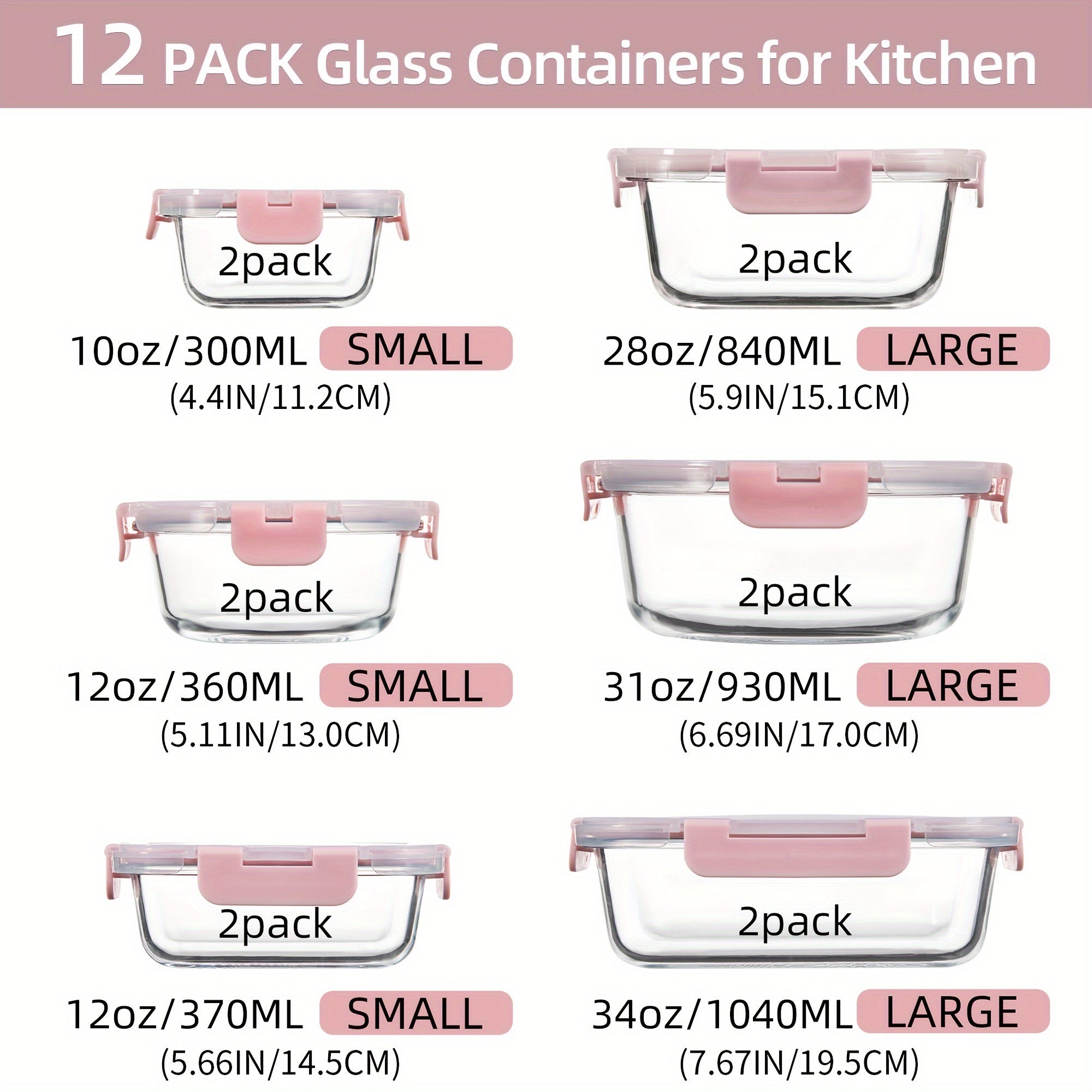 12 Paquete de Contenedores de Vidrio para Alimentos con Tapas Herméticas de Cierre a Presión - Contenedores Rectangulares para Preparación de Comidas, Aptos para Microondas y Lavavajillas, Diseño Apilable y Ahorrador de Espacio para Almacenamiento de Alim