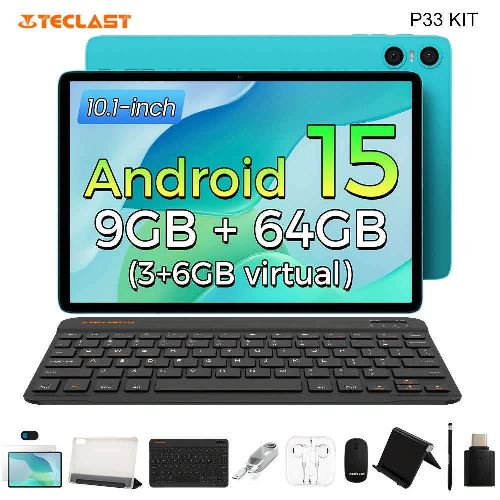 Tabletas Android | Teclast P33 Tablet de 10.1 pulgadas IPS, 9GB (3+6GB Virtual) RAM, 64GB ROM, Android 15, WiFi6, Batería de 6000mAh, Carga