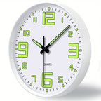 Reloj de pared de 12 pulgadas blanco que brilla en la oscuridad, números y manecillas luminosas que absorben energía, reloj de pared silencioso de plástico sin tictac, funciona con pilas, para sala, dormitorio, oficina, decoraciones de pared, regalos para