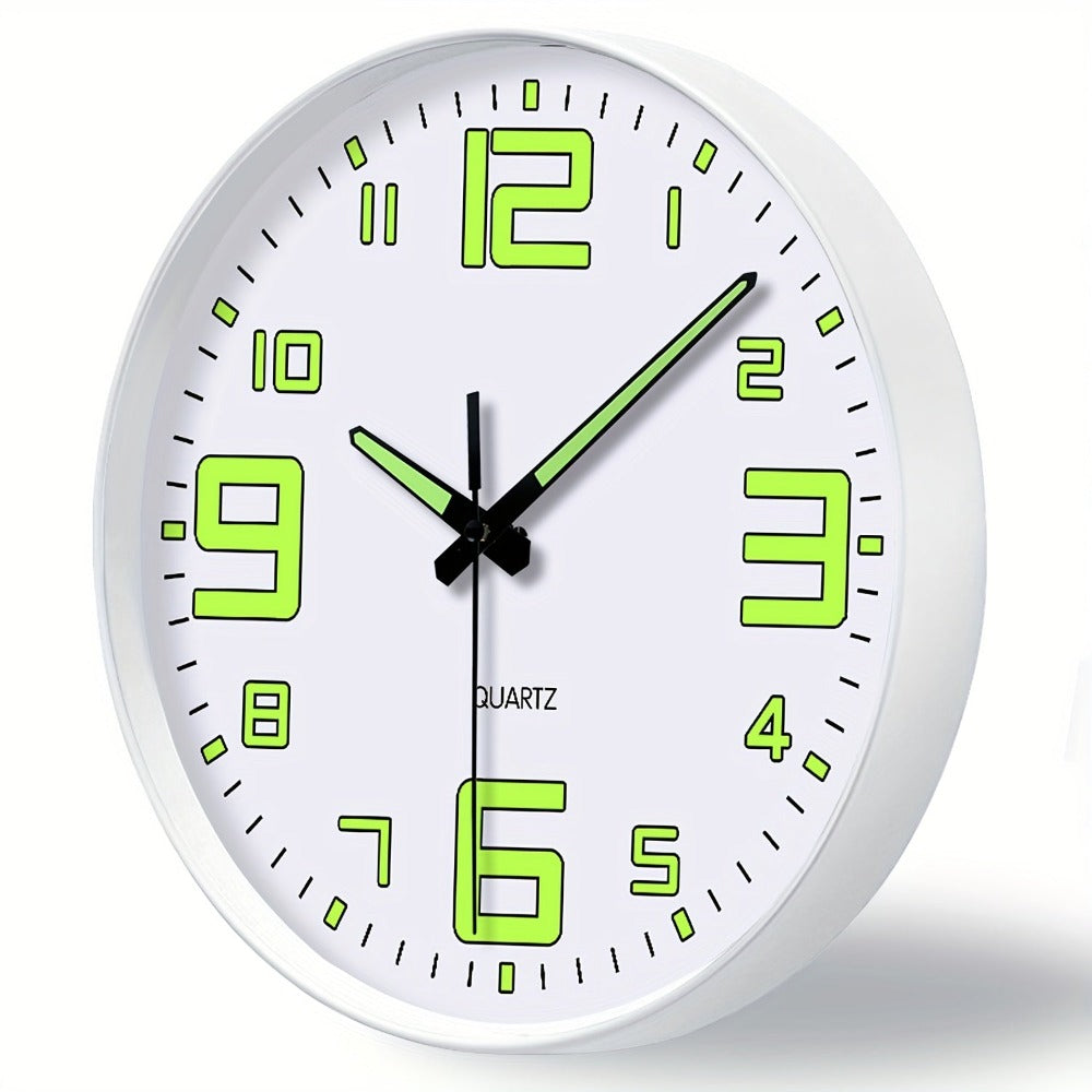 Reloj de pared de 12 pulgadas blanco que brilla en la oscuridad, números y manecillas luminosas que absorben energía, reloj de pared silencioso de plástico sin tictac, funciona con pilas, para sala, dormitorio, oficina, decoraciones de pared, regalos para