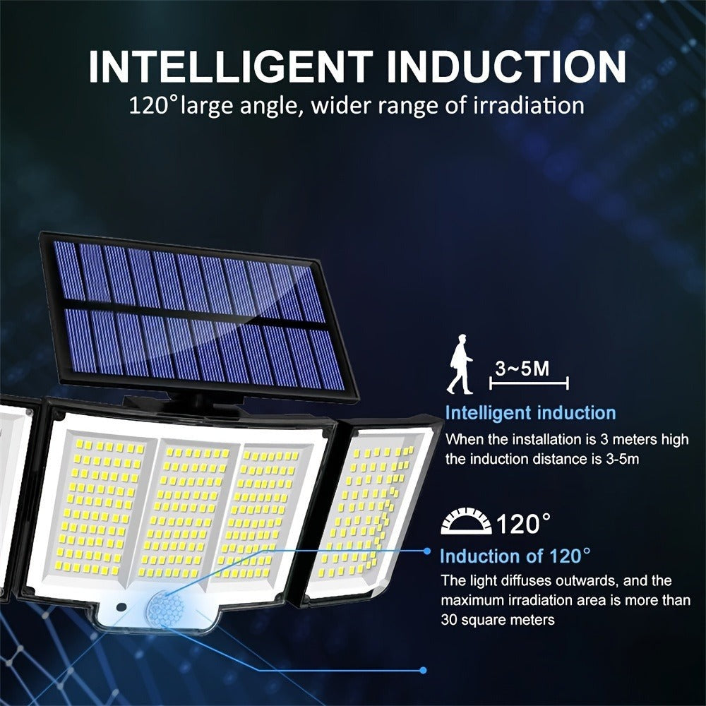 2 luces solares de pared para exteriores, 348 LED, con sensor solar y control remoto, luces plegables ultra brillantes de 3 cabezales para exteriores, focos de jardín sin cableado, para calles comerciales, luces de garaje y luces de emergencia en entradas