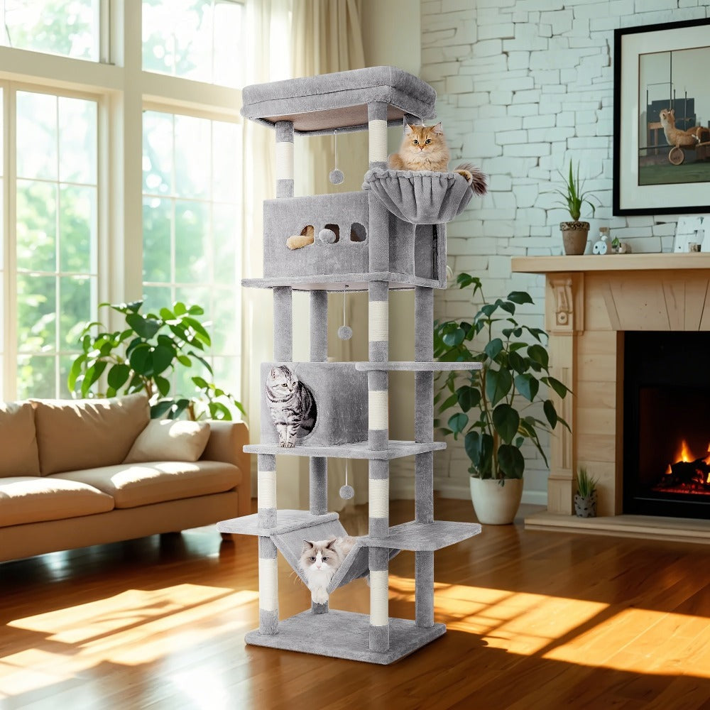 Rascador grande, árbol para gatos de 210 cm, con 8 postes rascadores, posadero, 2 cuevas, tapete lavable, hamaca, pelotas de felpa, rascador de varios pisos para gatos grandes, gris claro, gris oscuro