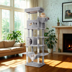 Rascador grande, árbol para gatos de 210 cm, con 8 postes rascadores, posadero, 2 cuevas, tapete lavable, hamaca, pelotas de felpa, rascador de varios pisos para gatos grandes, gris claro, gris oscuro