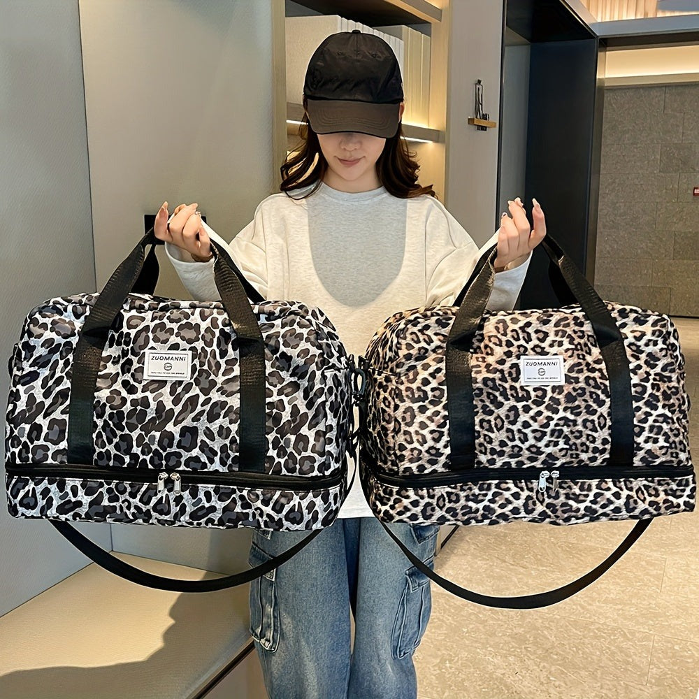 Maleta moderna con estampado de leopardo y amplio espacio, con compartimento separado para zapatos, correa de hombro ajustable, ideal para el gimnasio, yoga y escapadas de fin de semana, así como actividades de ocio y camping al aire libre