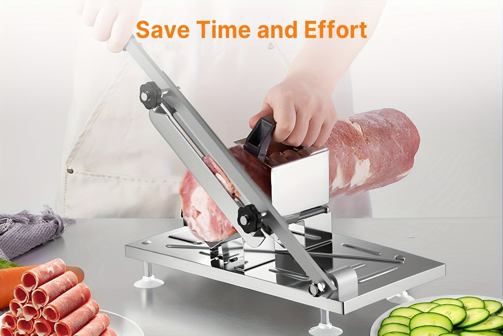 Cortadora de Carne Manual en Acero Inoxidable, Grosor Ajustable, Filo Nítido y Duradera, Fácil de Limpiar, Cortador Multiusos para Reses Bovinas, Ovejas, Verduras e Ingredientes del Hot Pot, Ideal Para Uso Doméstico o Comercial