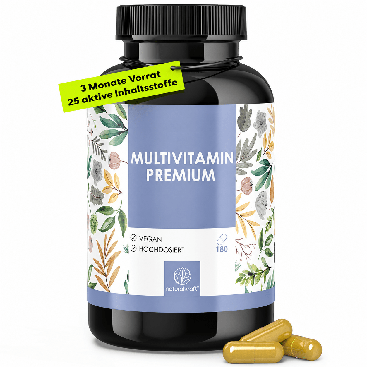 NATURALKRAFT® Multivitamínico Premium – Complejo A-Z de Alta Dosis con 180 Cápsulas Veganas, Vitaminas y Minerales Esenciales Incluyendo Vitamina C, D3, B12, Zinc, Magnesio y OPC – Probado en Laboratorio