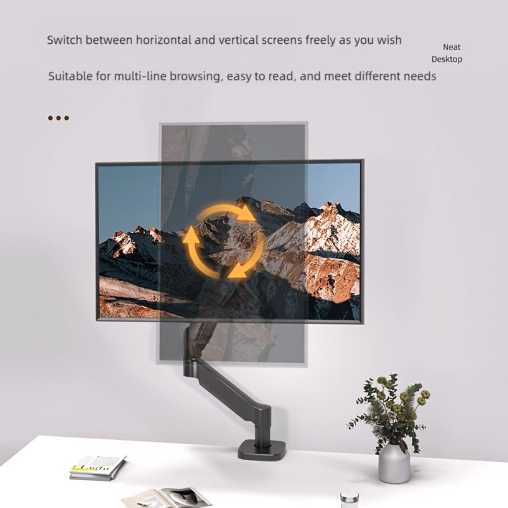 Soporte de brazo único para monitor de TV/computadora, diseño ergonómico, inclinación y rotación bidireccionales, altura ajustable, de acero, incluye 3 destornilladores portátiles.