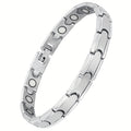 Una elegante y sofisticada pulsera magnética para mujer hecha de titanio, con un imán de 3500 Gauss, tamaño ajustable, y viene con una caja de embalaje y herramienta de ajuste.