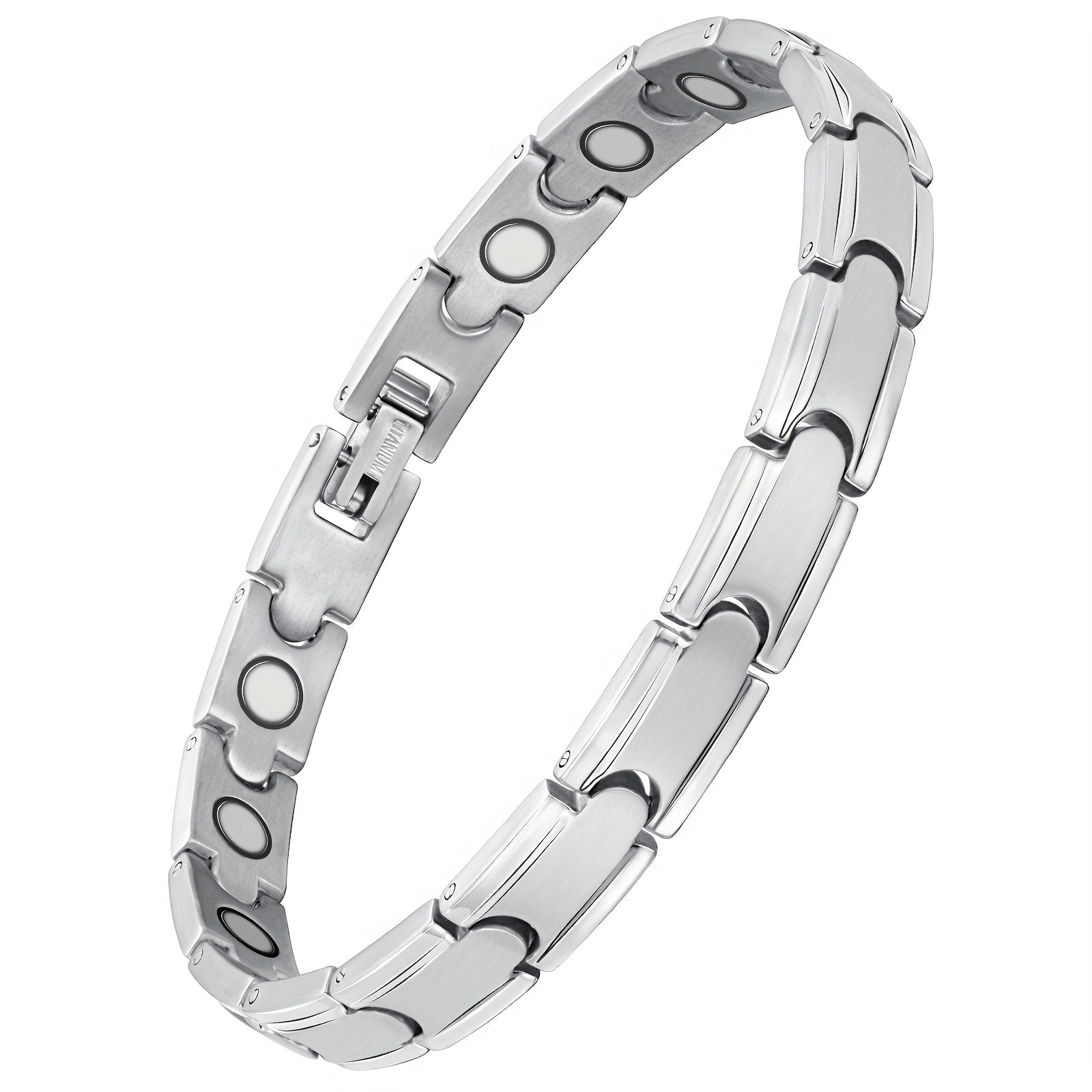 Una elegante y sofisticada pulsera magnética para mujer hecha de titanio, con un imán de 3500 Gauss, tamaño ajustable, y viene con una caja de embalaje y herramienta de ajuste.