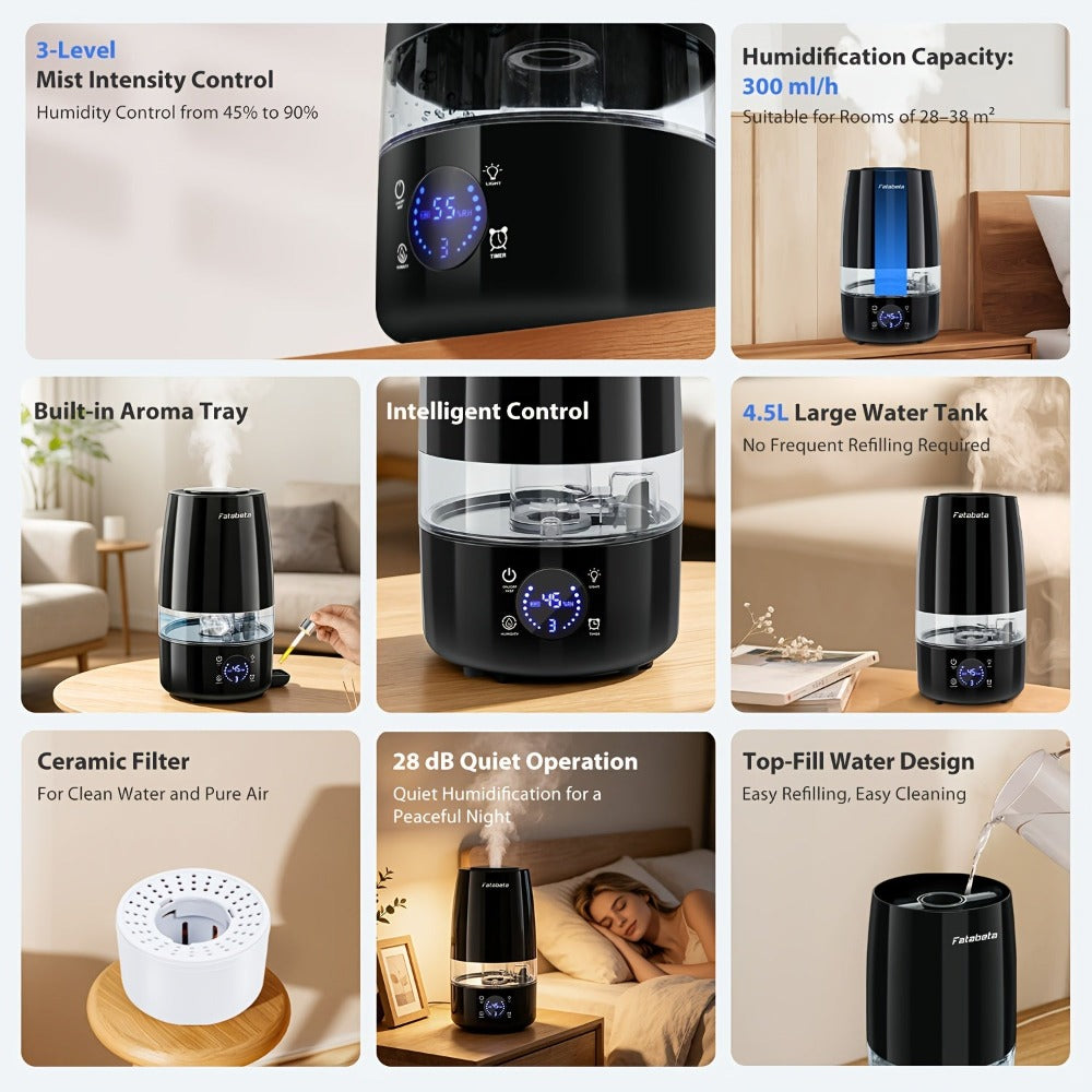 Pantalla para humidificador y difusor de aromas supergrande de 4.5L, funcionamiento silencioso, apagado automático y temporizador, adecuada para dormitorio, sala de estar, oficina, depósito extraíble, filtro de cerámica, carcasa de ABS, para humidificador