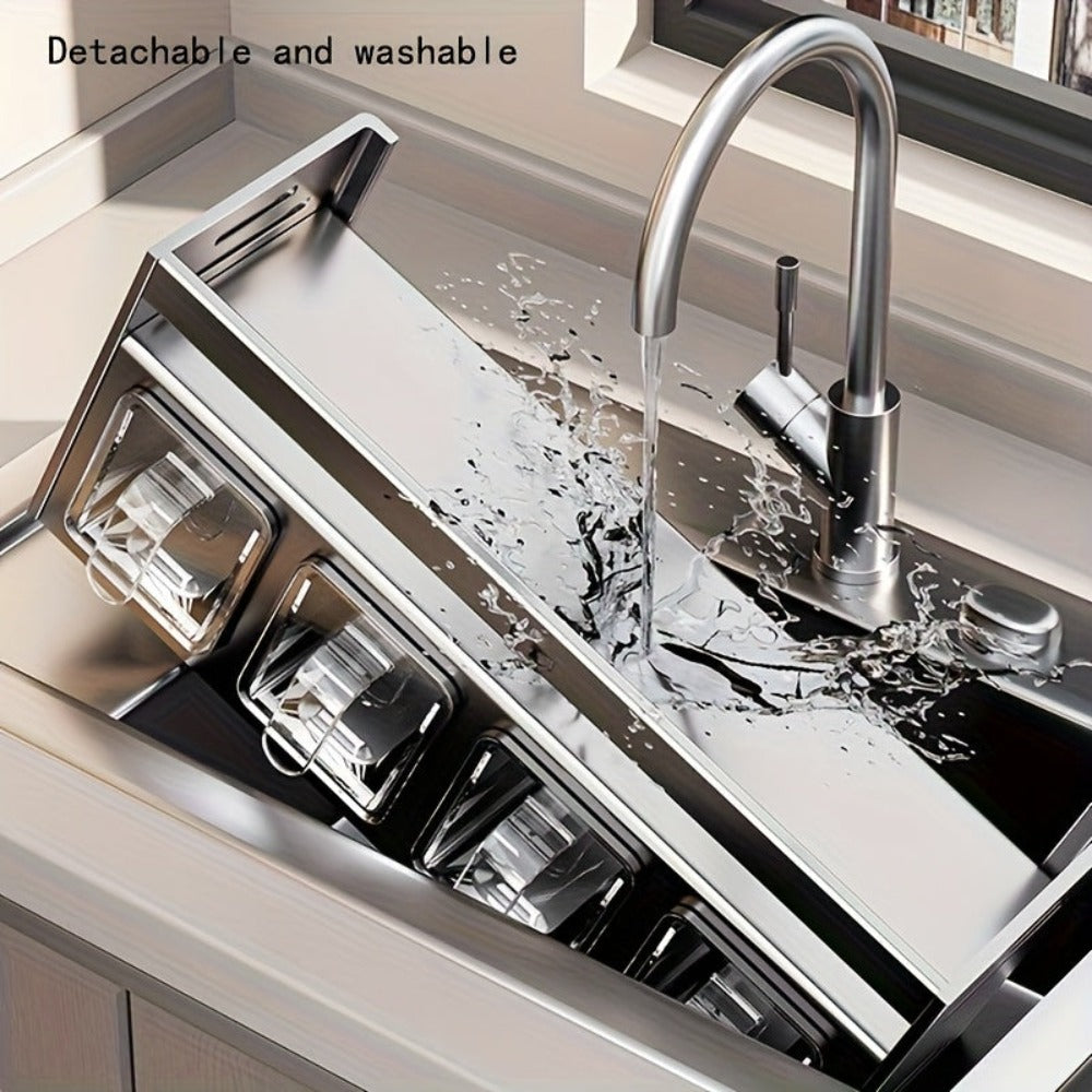 Organizador de especias de pared de 1 pieza con estantes colgantes y frascos para especias - Instalación sin taladro, sistema de almacenamiento de cocina de acero inoxidable que ahorra espacio, adecuado para especias, hierbas, aceites, salsas, organizació