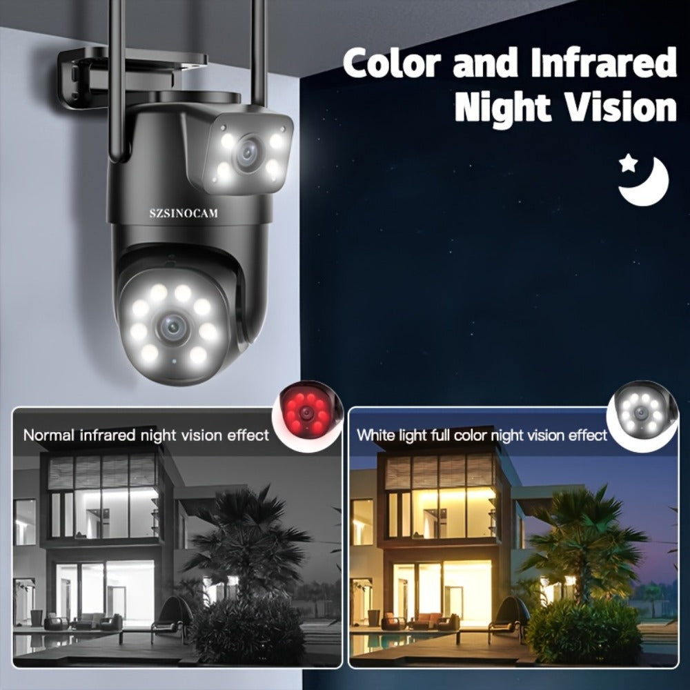 Juego de 3 cámaras de seguridad WiFi SZSINOCAM de 4MP con 2 lentes y 2 pantallas, total 4MP, doble lente 2.4GHz, no compatible con 5GHz, seguimiento humano con IA, visión nocturna en color, para exteriores, previene daños por lluvia, audio bidireccional,