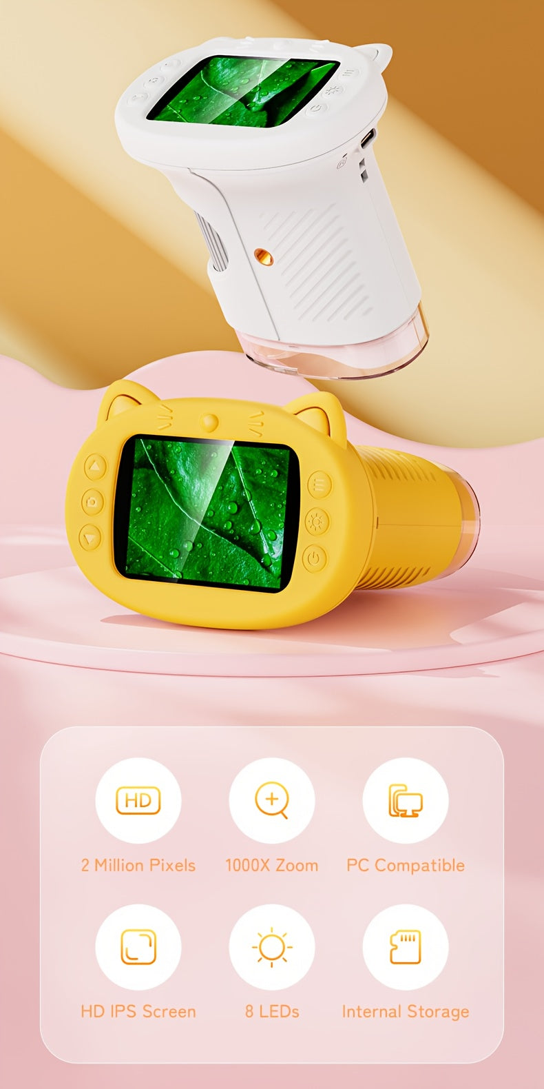 Microscopio Portátil de Bolsillo 1000X para Niños, Pantalla de 6.1 cm, Recargable, Mini Microscopio Digital Educativo, Regalo para Niños y Estudiantes de 3 a 12 Años