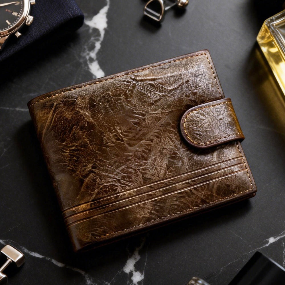 Cartera corta de cuero desgastado retro elegante para hombre – Monedero con cierre a presión y ventana para identificación para desplazamientos diarios, reuniones de negocios y salidas informales