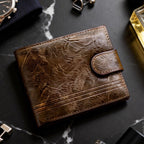 Cartera corta de cuero desgastado retro elegante para hombre – Monedero con cierre a presión y ventana para identificación para desplazamientos diarios, reuniones de negocios y salidas informales