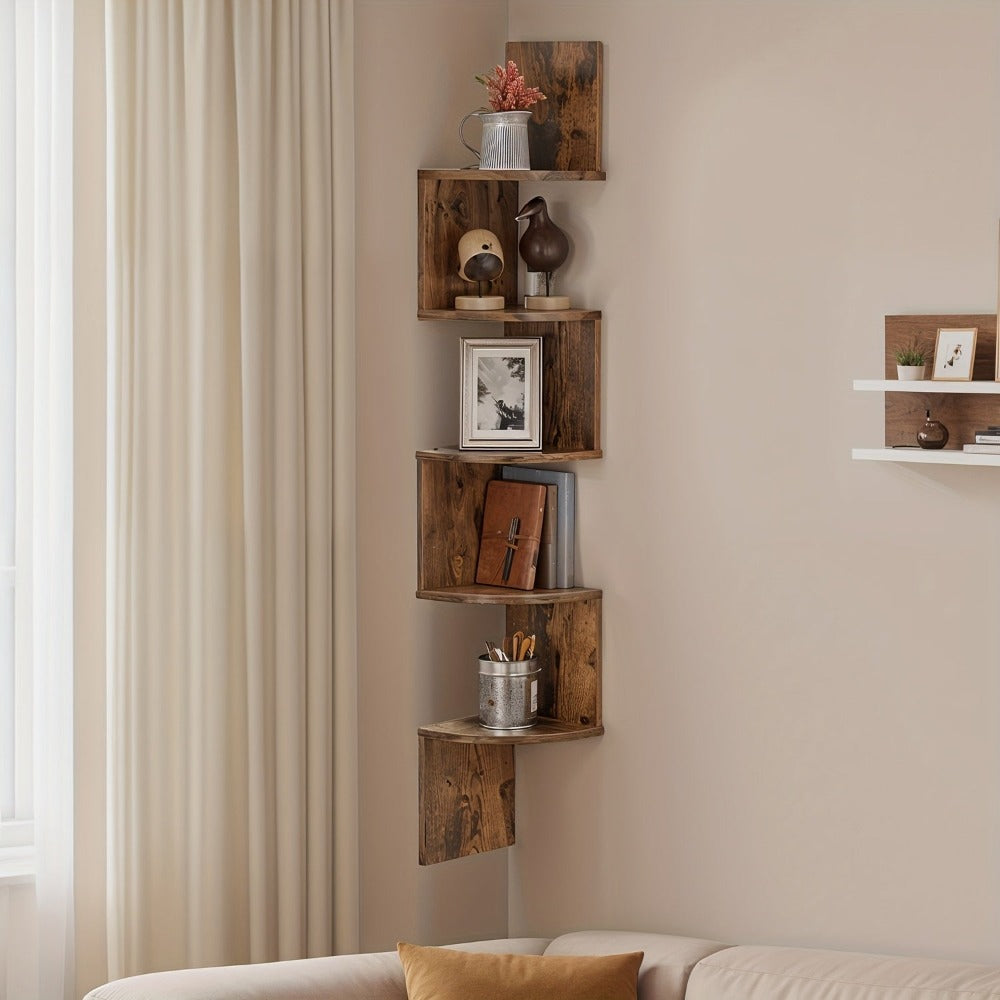 Estante esquinero de 5 niveles, estante de pared, estantería para esquinas, soporte para plantas, adecuado para dormitorio, sala de estar y baño, estantes esquineros