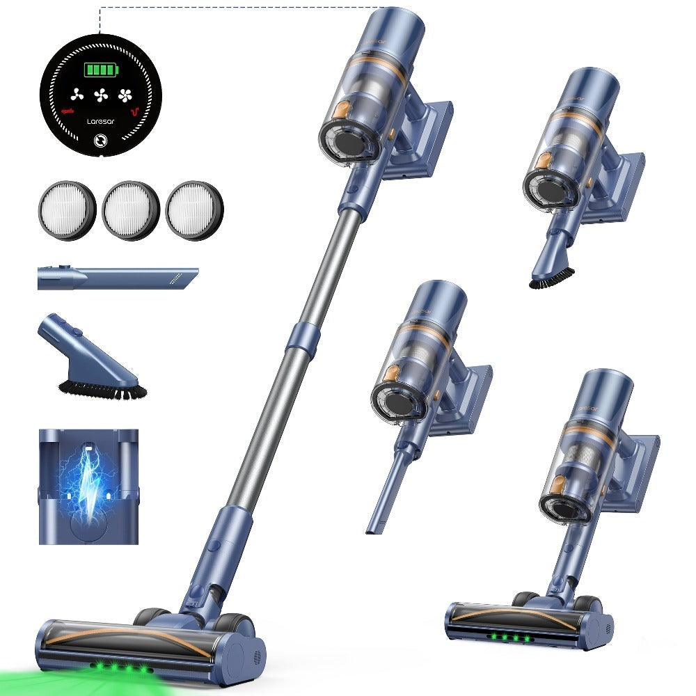 Aspiradora Inalámbrica Laresar V11, 90 Minutos de Autonomía Máxima, 650W, Aspiradora de Mano con Base de Carga, Pantalla Táctil, Aspiradora 6 en 1 para Alfombras/Suelos Duros/Pelo de Mascotas