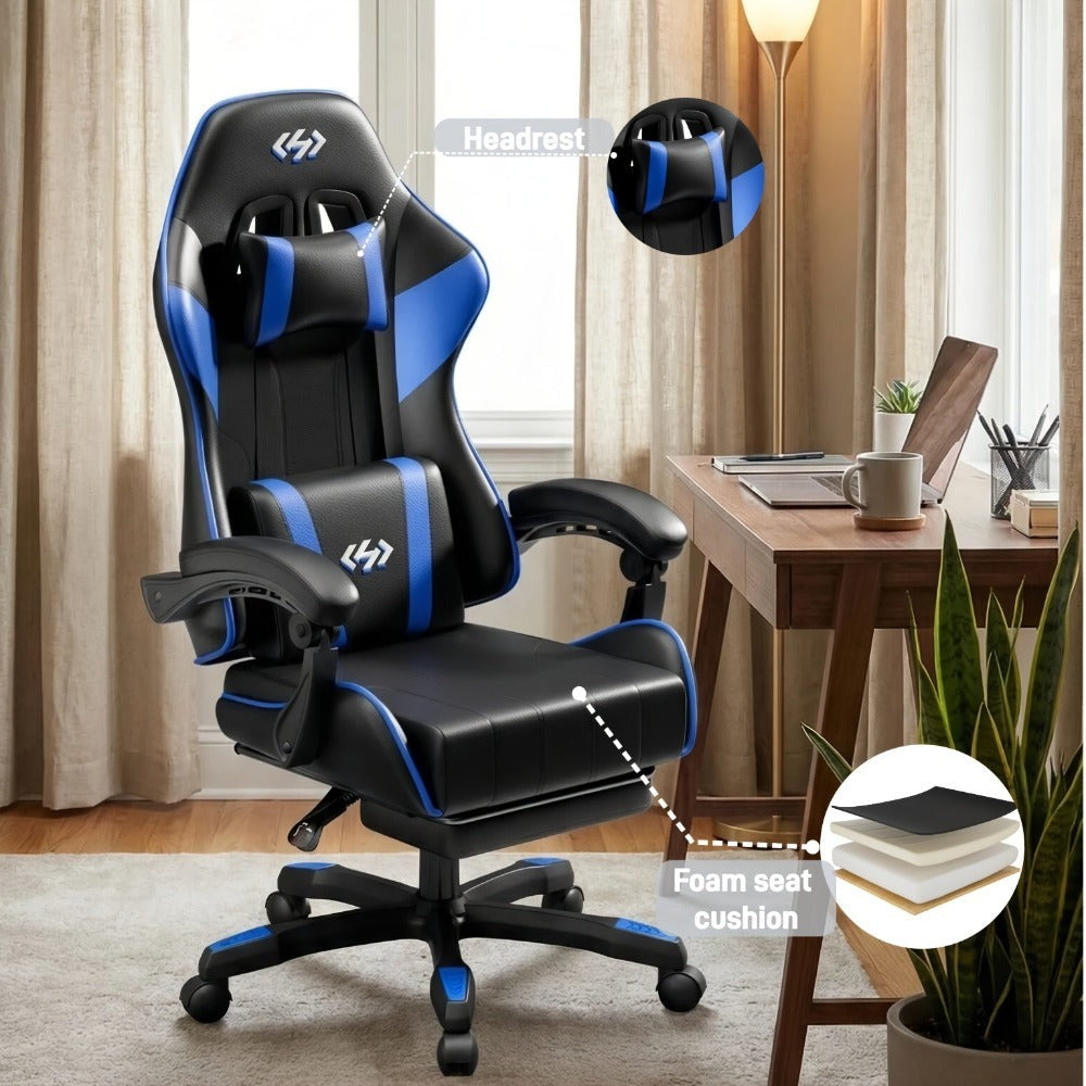 Silla de gaming ergonómica con inclinación ajustable y reposapiés, silla de oficina con reposacabezas y soporte lumbar, hecha de material duradero, ideal para trabajo y ocio