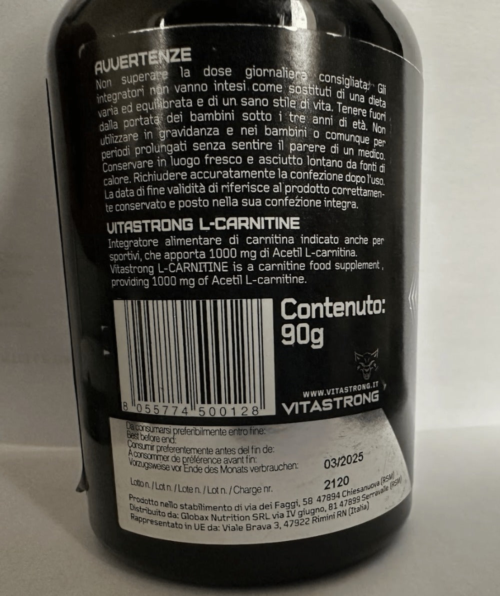Vitastrong L-Carnitine 60 Tabletas | Suplemento Alimenticio con Acetyl L-Carnitine 1000 Mg Por Tableta, Fórmula Vegana, Sin Gluten