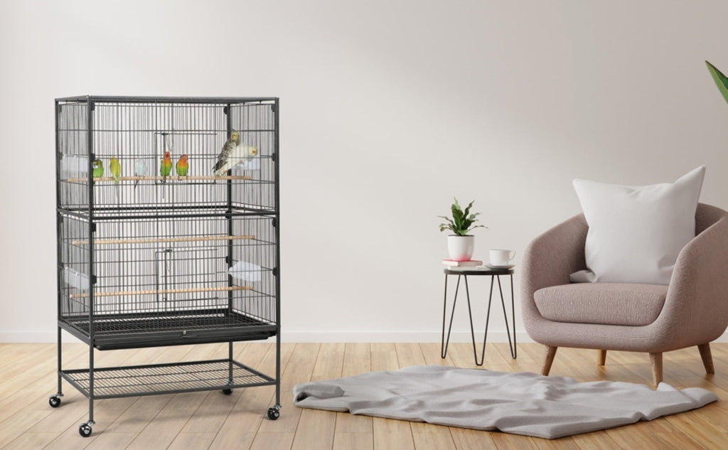 Jaula para pájaros con ruedas, 132 cm de altura, jaula grande para aves, pájaros y loros con compartimento de almacenamiento