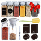 Juego de tarros para especias cuadrados Soontrans [12/24 piezas] con tapa, tarros para especias de 120 ml, agitadores de especias con pegatinas vacías, cepillo de limpieza, colador