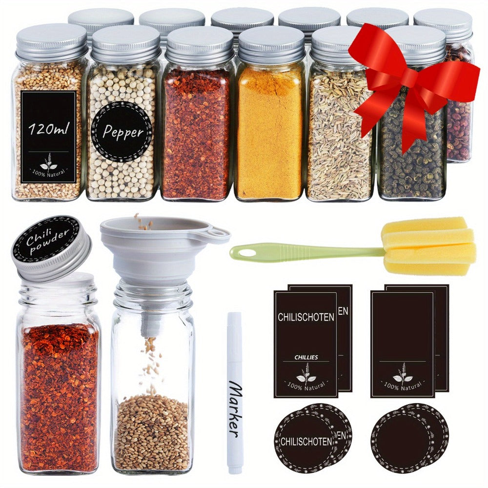 Juego de tarros para especias cuadrados Soontrans [12/24 piezas] con tapa, tarros para especias de 120 ml, agitadores de especias con pegatinas vacías, cepillo de limpieza, colador