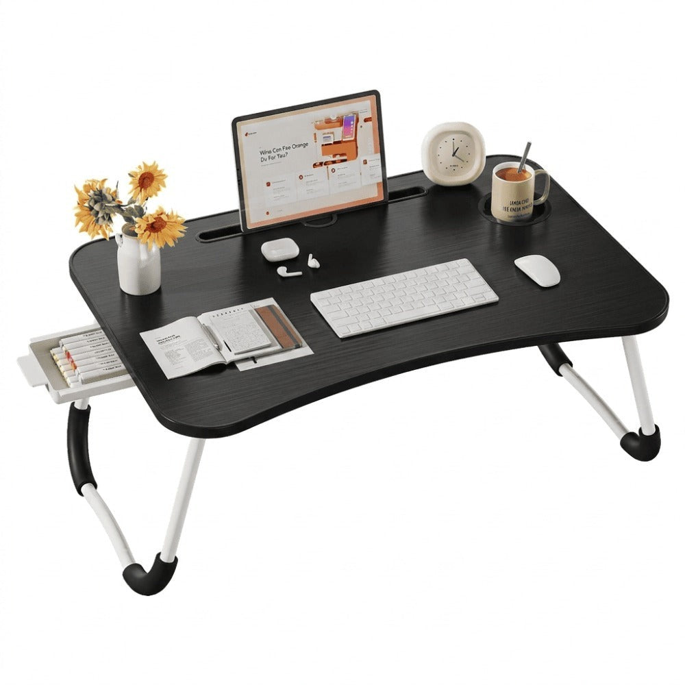 Mesa plegable multifunción para cama y sofá con portavasos, 60×40×28 cm, mesa auxiliar con atril para leer en la cama, bandeja multifunción para ordenador, libros, trabajo y estudio en casa (con cajón / sin cajón)
