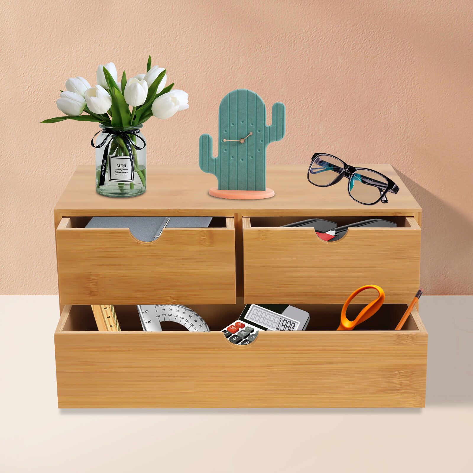 Organizadores de escritorio | Organizador de escritorio de bambú, con 3 cajones, material natural, caja de almacenamiento para ahorrar espacio